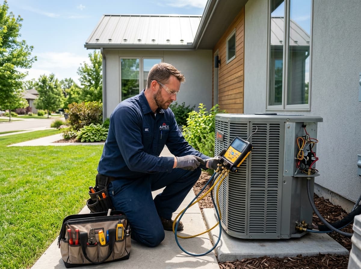 HVAC technician servicing an outdoor air conditioning unit